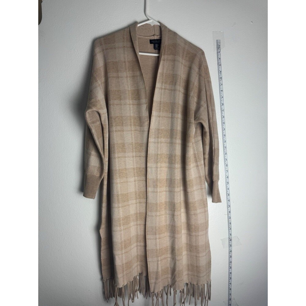 Rachel Zoe Plaid Fringe Long Cardigan Sweater Beige Womens XS Open Front